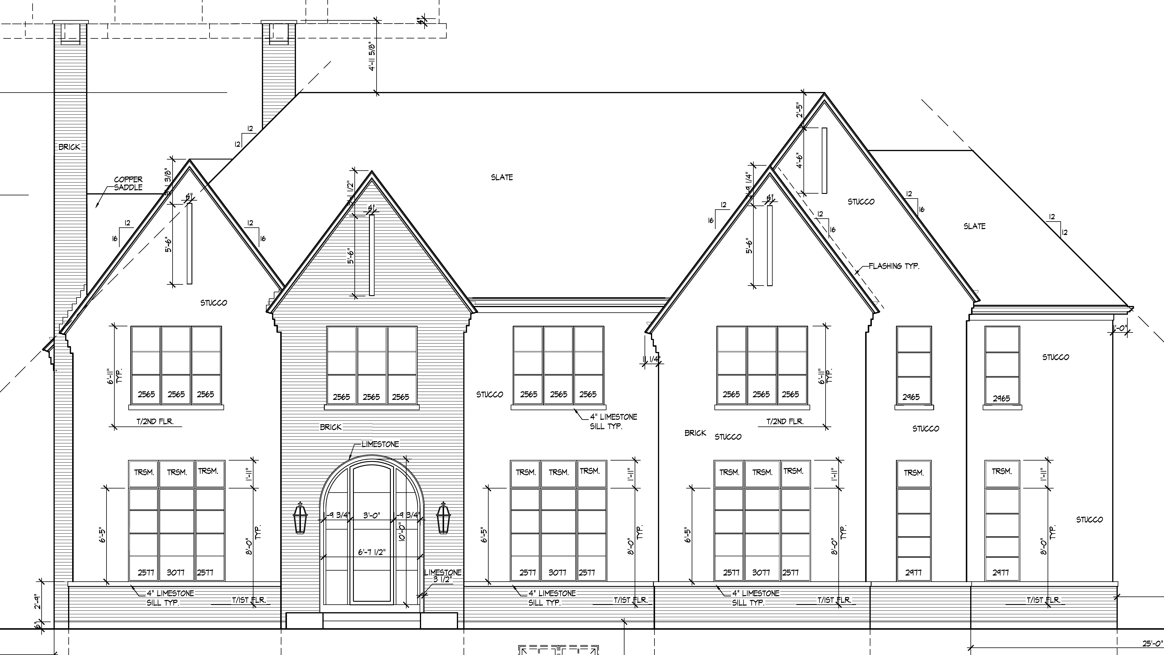 Franklin Residence front elevation from the original construction drawing, showing the complete gabled facade, rooflines, windows, arched entrance and foundation.