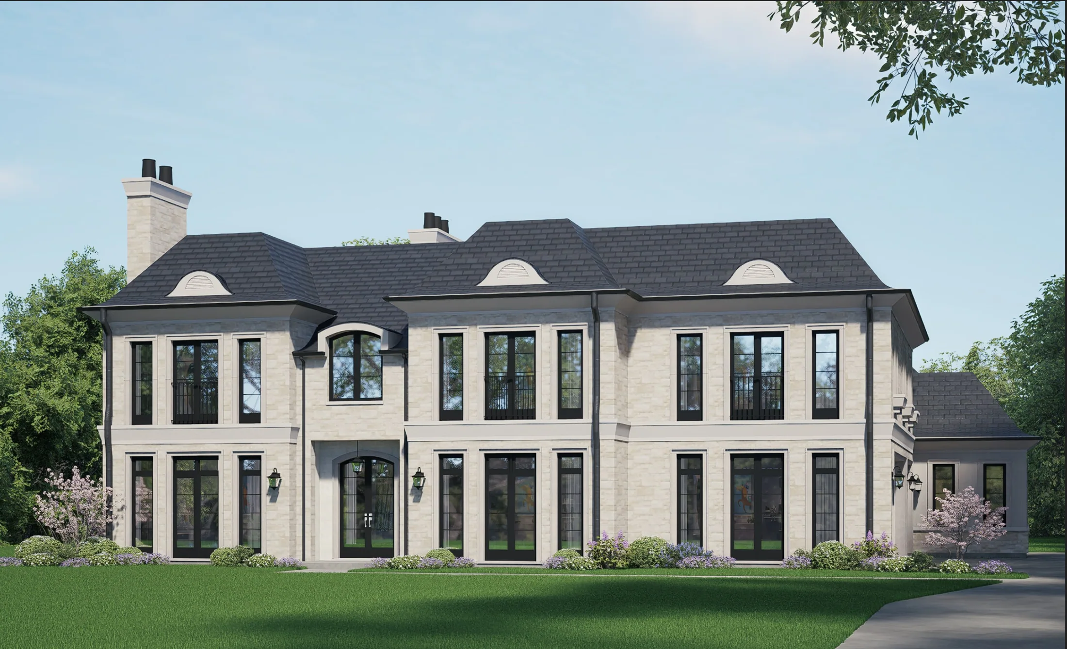 Architectural visualization of the Brystol Residence in Arlington Heights, showing a pale stone two-story exterior, dark roof and dark-framed windows.