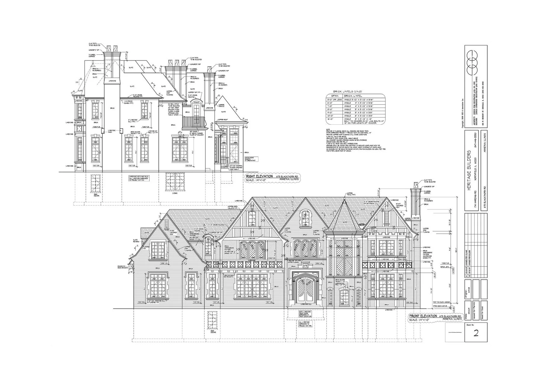 SGE architectural front and right elevation drawing for the Blackthorn Residence.