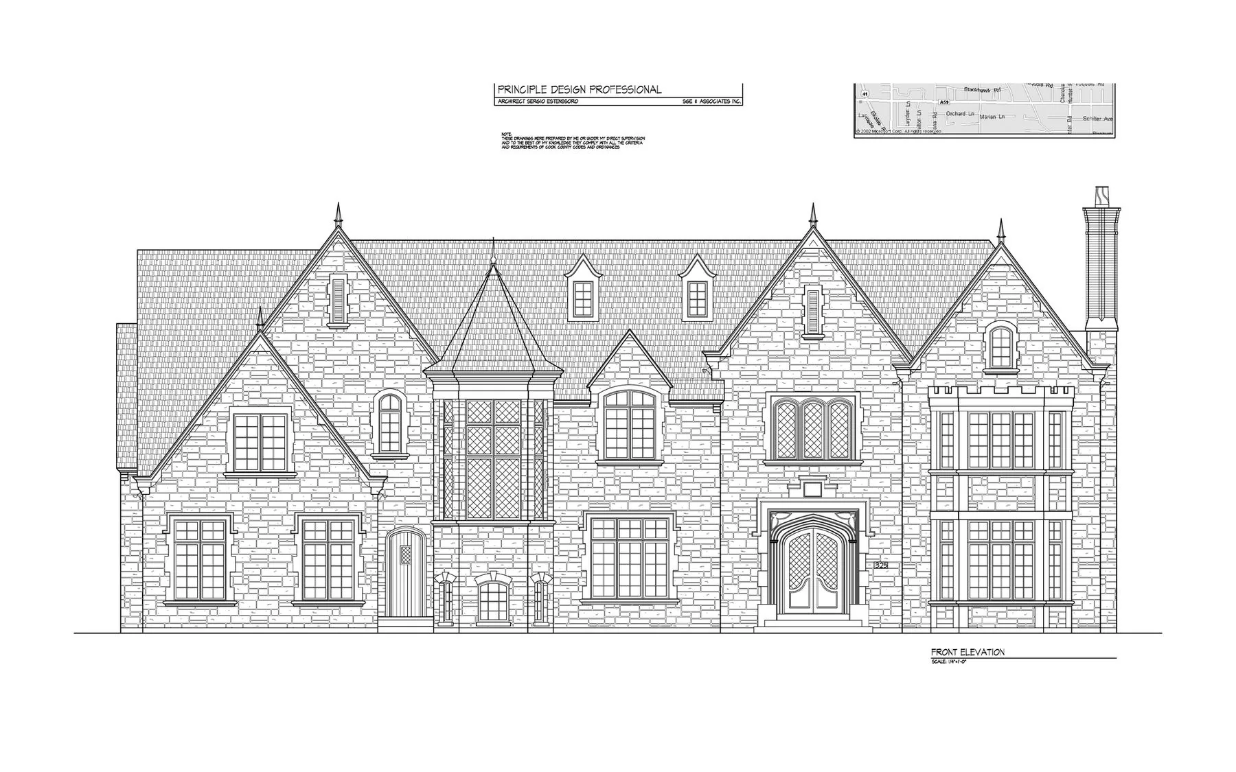 SGE front elevation drawing for the Woodley Residence.