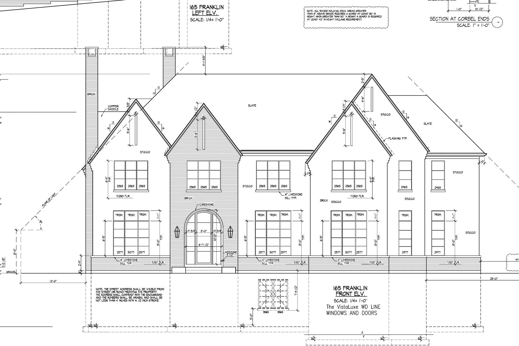Front elevation drawing from the Franklin Residence construction set.