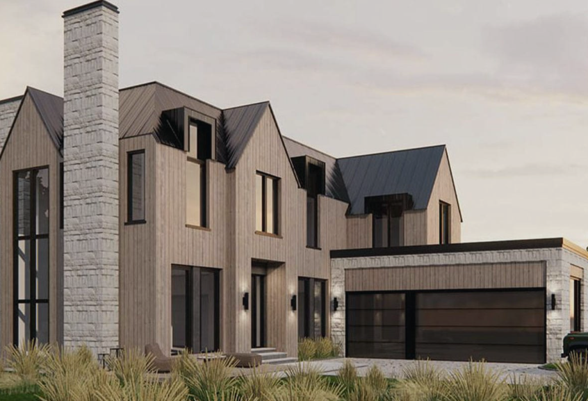 Architectural visualization of a contemporary Deerfield residence with gabled rooflines and a tall chimney.