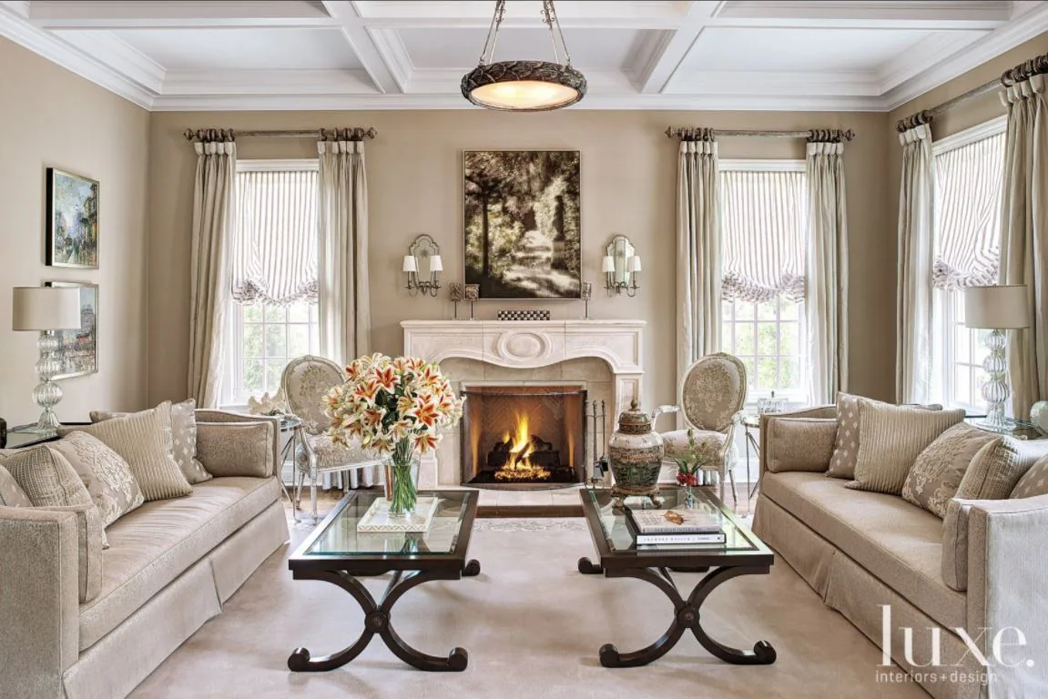 Formal living room from a Luxe Interiors and Design editorial feature.