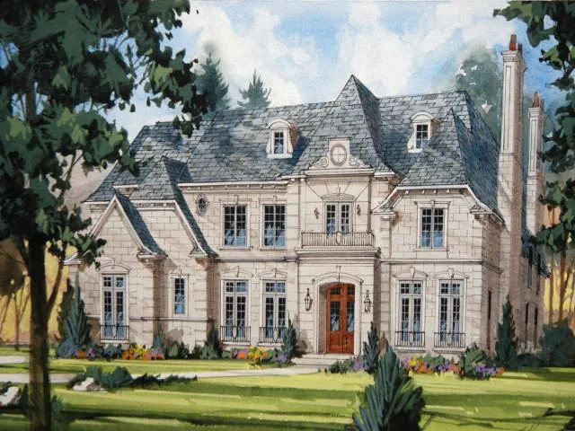 Formal stone SGE residence framed by mature trees.
