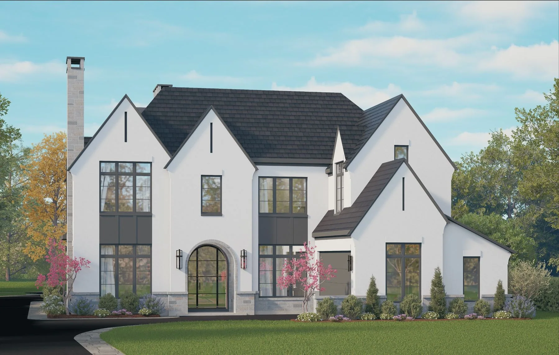 Architectural visualization of the 488 Park Residence in Glencoe, Illinois, showing a light stucco gabled front elevation with dark-framed windows.